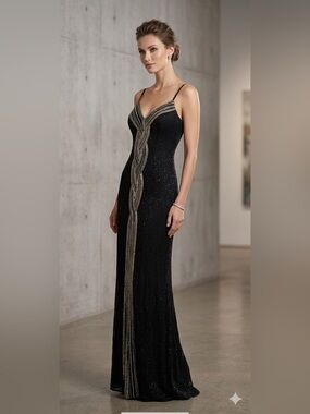 Black Beaded Maxi Gown with Gold Embellished Trim